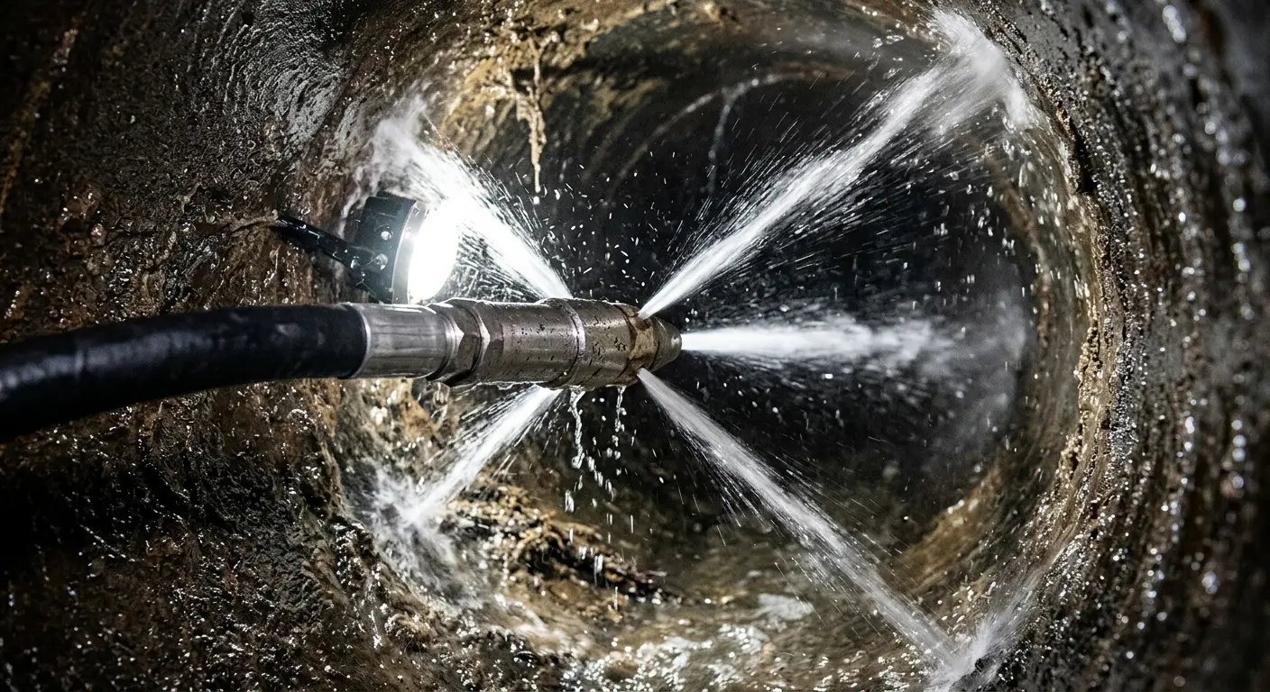 High-pressure hydro jetting nozzle cleaning sewer pipe for Sewer Cleanout in Hastings