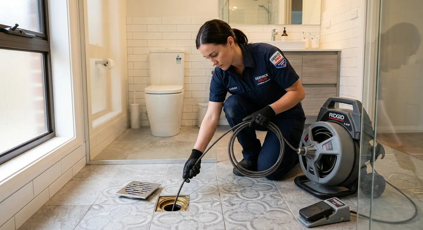 Technician clearing a bathroom floor drain for Sewer Line Replacement in Hastings